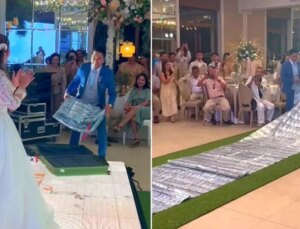 Damattan geline ilginç hediye: 17 bin doları halı gibi gelinin önünde serdi