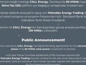 CALL Energy Zambiya’daki Güneş Enerjisi Yatırımlarını Büyütüyor