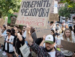 Ukrainians hold rare wartime protest over defence minister’s dismissal